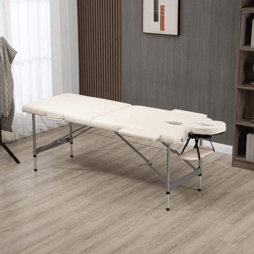 HOMCOM Mesa de Massagem Dobrável Portátil com Altura Ajustável em 7 Níveis, Apoio de Cabeça e Estrutura em Liga de Alumínio para Fisioterapia, 130 kg, 185x70x58-82 cm, Bege