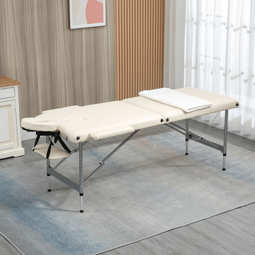 HOMCOM Mesa de Massagem Dobrável Portátil com Altura Ajustável em 7 Níveis, Apoio de Cabeça e Estrutura em Liga de Alumínio para Fisioterapia, 130 kg, 185x70x58-82 cm, Bege