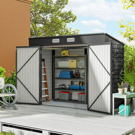 Outsunny Abrigo de Jardim 2,7m² 249x121x183 cm Abrigo de Exterior com Porta Dupla 2 Ventilaç4oes e Trava Abrigo para Pátio Cinza