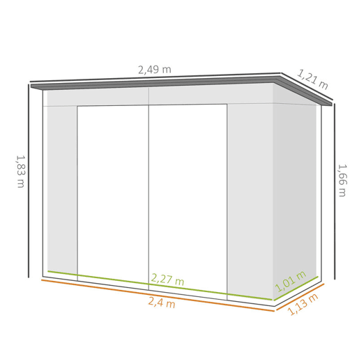 Outsunny Abrigo de Jardim 2,7m² 249x121x183 cm Abrigo de Exterior com Porta Dupla 2 Ventilaç4oes e Trava Abrigo para Pátio Cinza
