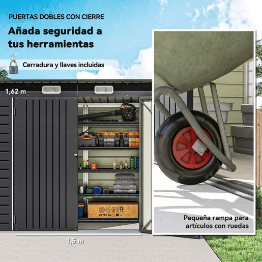 Outsunny Abrigo de Jardim 2,7m² 249x121x183 cm Abrigo de Exterior com Porta Dupla 2 Ventilaç4oes e Trava Abrigo para Pátio Cinza
