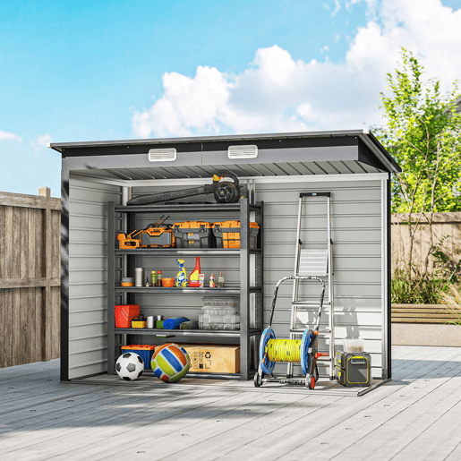 Outsunny Abrigo de Jardim 2,7m² 249x121x183 cm Abrigo de Exterior com Porta Dupla 2 Ventilaç4oes e Trava Abrigo para Pátio Cinza