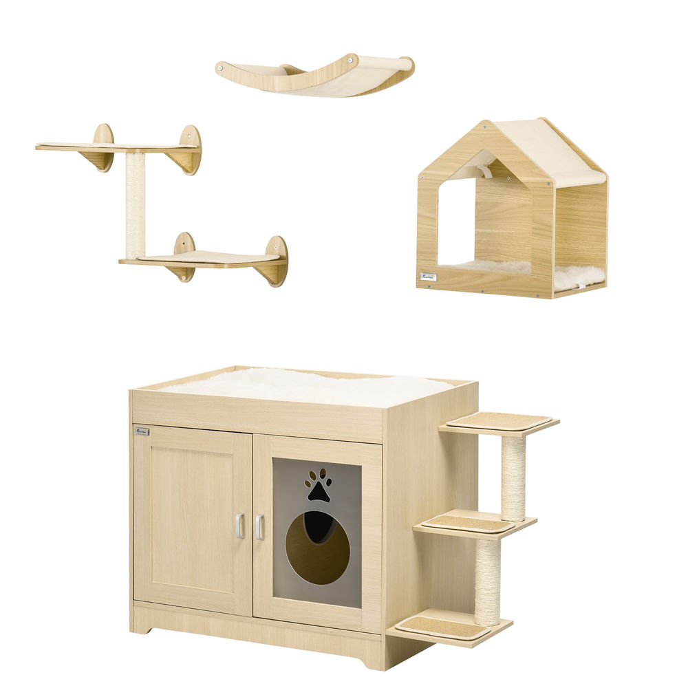 Pawhut conjunto para mascotas incluye 1 arenero para gatos de madera con cama 3 plataformas y 1 estante de escalada para gatos de pared de 3 piezas roble