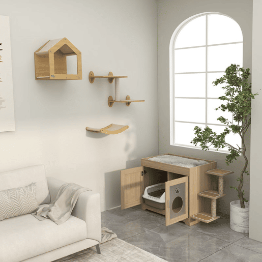 PawHut Conjunto para Animais de Estimação inclui 1 Caixa de Areia para Gatos de Madeira com Cama, 3 Plataformas e 1 Prateleira de Escalada para Gatos Montada na Parede de 3 Peças, Carvalho