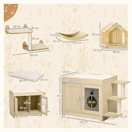 PawHut Conjunto para Animais de Estimação inclui 1 Caixa de Areia para Gatos de Madeira com Cama, 3 Plataformas e 1 Prateleira de Escalada para Gatos Montada na Parede de 3 Peças, Carvalho