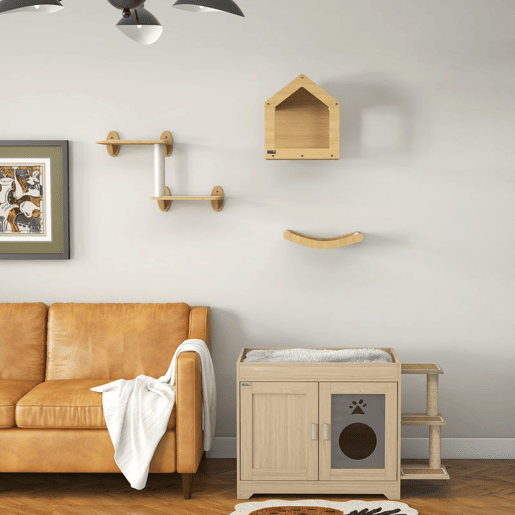 PawHut Conjunto para Animais de Estimação inclui 1 Caixa de Areia para Gatos de Madeira com Cama, 3 Plataformas e 1 Prateleira de Escalada para Gatos Montada na Parede de 3 Peças, Carvalho