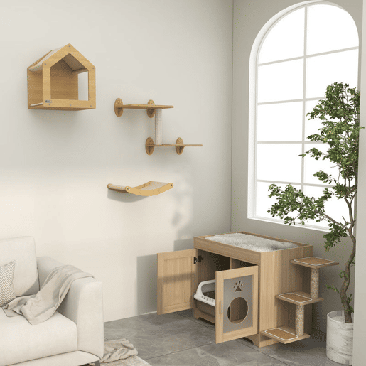 PawHut Conjunto para Animais de Estimação inclui 1 Caixa de Areia para Gatos de Madeira com Cama, 3 Plataformas e 1 Prateleira de Escalada para Gatos Montada na Parede de 3 Peças, Carvalho