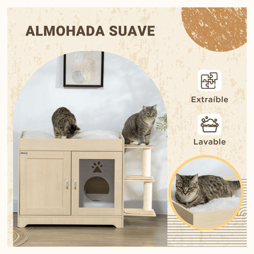 PawHut Conjunto para Animais de Estimação inclui 1 Caixa de Areia para Gatos de Madeira com Cama, 3 Plataformas e 1 Prateleira de Escalada para Gatos Montada na Parede de 3 Peças, Carvalho
