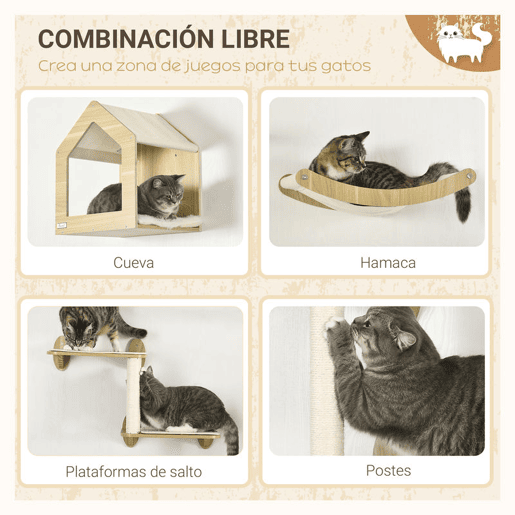 PawHut Conjunto para Animais de Estimação inclui 1 Caixa de Areia para Gatos de Madeira com Cama, 3 Plataformas e 1 Prateleira de Escalada para Gatos Montada na Parede de 3 Peças, Carvalho