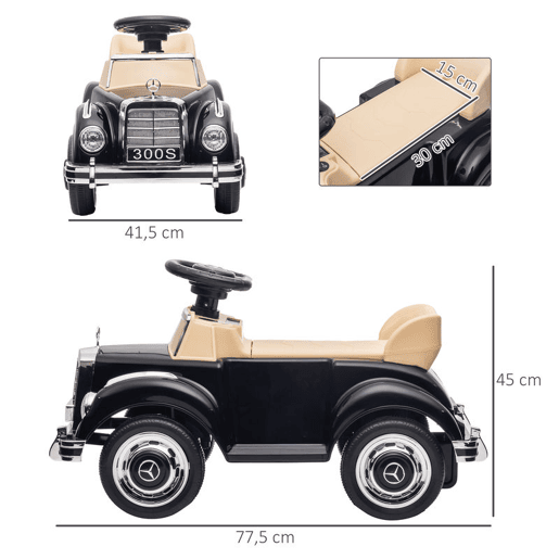 AIYAPLAY Carro Andador com Licença da Mercedes-Benz 300S Carro Andador para Crianças de 18-48 Meses com Armazenamento Volante Sistema Anti-Tombo Carga 25 kg 77,5x41,5x45 cm Preto