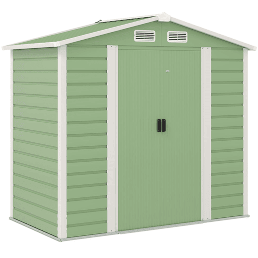Outsunny Abrigo de Jardim Exterior 2,36m² 213x120x194 cm Abrigo de Exterior com Base Reforçada (Piso NÃO Incluído) Portas de Correr Duplas Fechadura Janelas Verde Claro