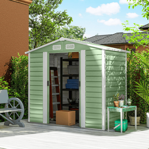 Outsunny Abrigo de Jardim Exterior 2,36m² 213x120x194 cm Abrigo de Exterior com Base Reforçada (Piso NÃO Incluído) Portas de Correr Duplas Fechadura Janelas Verde Claro