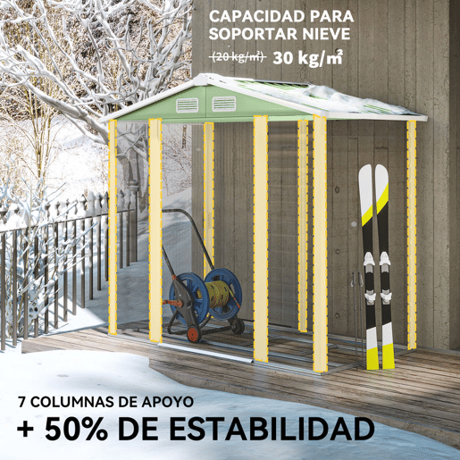Outsunny Abrigo de Jardim Exterior 2,36m² 213x120x194 cm Abrigo de Exterior com Base Reforçada (Piso NÃO Incluído) Portas de Correr Duplas Fechadura Janelas Verde Claro