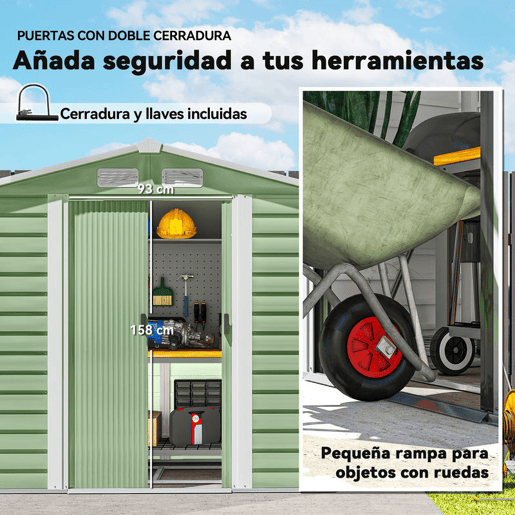 Outsunny Abrigo de Jardim Exterior 2,36m² 213x120x194 cm Abrigo de Exterior com Base Reforçada (Piso NÃO Incluído) Portas de Correr Duplas Fechadura Janelas Verde Claro