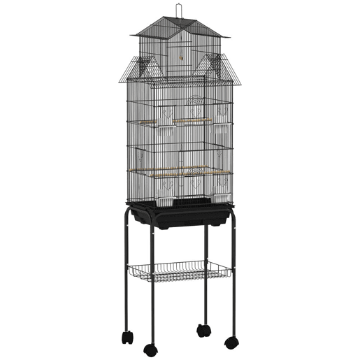 PawHut Gaiola de Metal para Pássaros com Bandeja Amovível e Rodas Gaiola para Canários com 4 Comedouros 3 Poleiros e 1 Baloiço para Periquitos 50,5x41x163 cm Preto