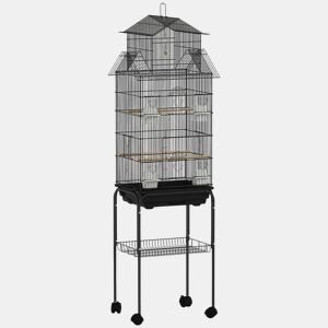 PawHut Gaiola de Metal para Pássaros com Bandeja Amovível e Rodas Gaiola para Canários com 4 Comedouros 3 Poleiros e 1 Baloiço para Periquitos 50,5x41x163 cm Preto