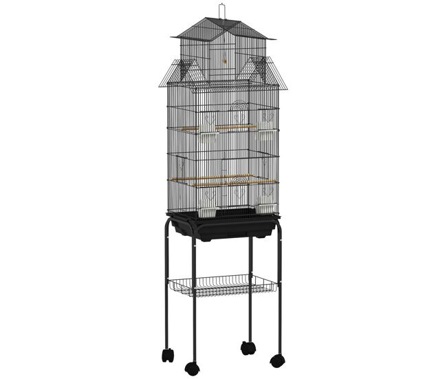 Pawhut jaula para pájaros con ruedas pajarera de acero 50,5x41x163 cm con comederos perchas columpio y bandeja extraíble jaula grande para loros