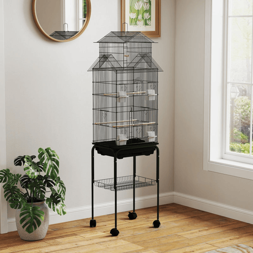 PawHut Gaiola de Metal para Pássaros com Bandeja Amovível e Rodas Gaiola para Canários com 4 Comedouros 3 Poleiros e 1 Baloiço para Periquitos 50,5x41x163 cm Preto
