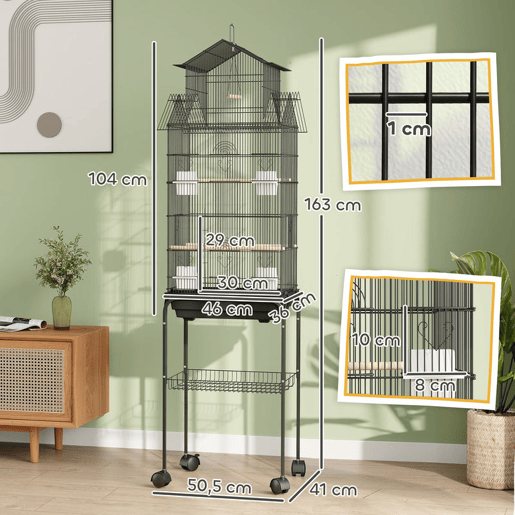 PawHut Gaiola de Metal para Pássaros com Bandeja Amovível e Rodas Gaiola para Canários com 4 Comedouros 3 Poleiros e 1 Baloiço para Periquitos 50,5x41x163 cm Preto
