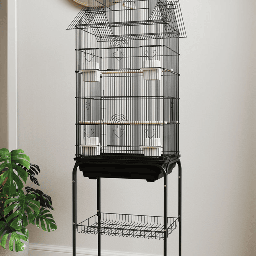 PawHut Gaiola de Metal para Pássaros com Bandeja Amovível e Rodas Gaiola para Canários com 4 Comedouros 3 Poleiros e 1 Baloiço para Periquitos 50,5x41x163 cm Preto