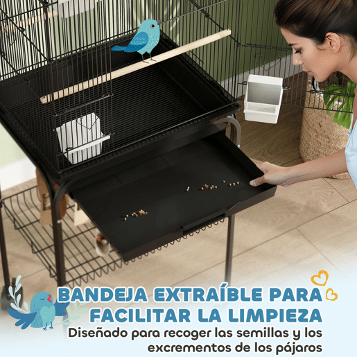 PawHut Gaiola de Metal para Pássaros com Bandeja Amovível e Rodas Gaiola para Canários com 4 Comedouros 3 Poleiros e 1 Baloiço para Periquitos 50,5x41x163 cm Preto