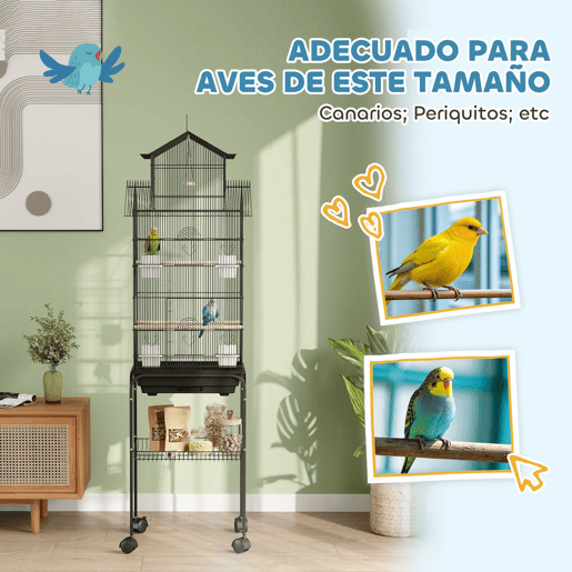 PawHut Gaiola de Metal para Pássaros com Bandeja Amovível e Rodas Gaiola para Canários com 4 Comedouros 3 Poleiros e 1 Baloiço para Periquitos 50,5x41x163 cm Preto