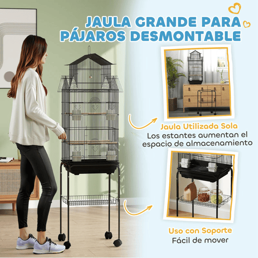 PawHut Gaiola de Metal para Pássaros com Bandeja Amovível e Rodas Gaiola para Canários com 4 Comedouros 3 Poleiros e 1 Baloiço para Periquitos 50,5x41x163 cm Preto
