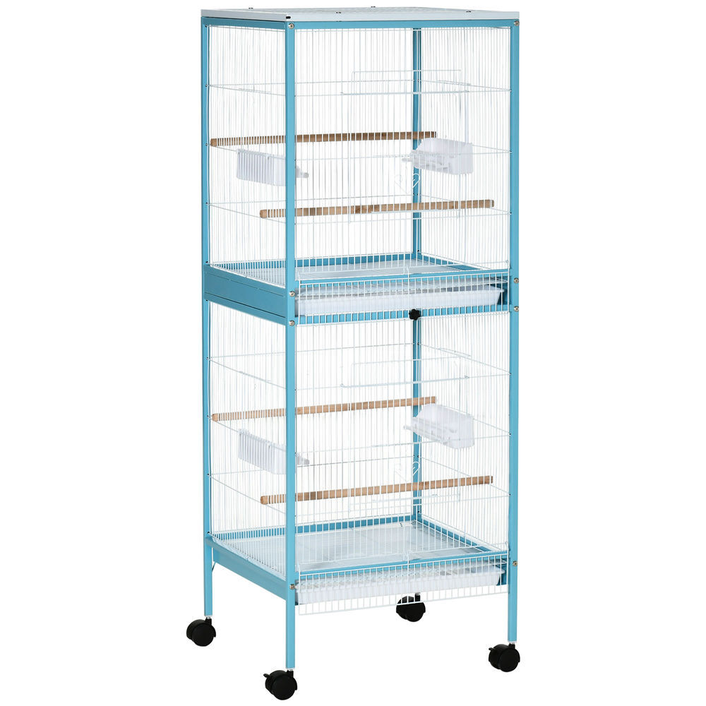 Pawhut jaula para pájaros con ruedas jaula grande de 2 niveles pajarera con bandejas extraíbles puertas comederos perchas para canarios periquitos