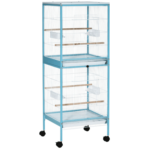 PawHut Gaiola para Pássaros com Rodas Gaiola Grande de 2 Níveis com Bandejas Removíveis Portas Comedouros Poleiros para Canários Periquitos 51,5x50x140 cm Azul e Branco