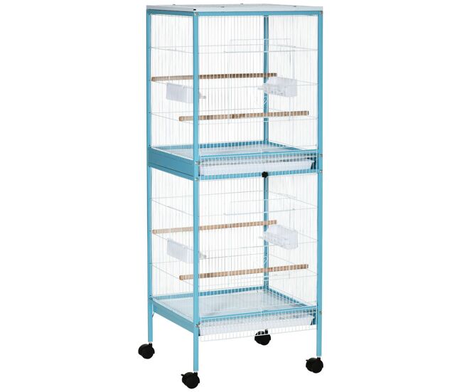 Pawhut jaula para pájaros con ruedas jaula grande de 2 niveles pajarera con bandejas extraíbles puertas comederos perchas para canarios periquitos