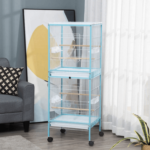 PawHut Gaiola para Pássaros com Rodas Gaiola Grande de 2 Níveis com Bandejas Removíveis Portas Comedouros Poleiros para Canários Periquitos 51,5x50x140 cm Azul e Branco