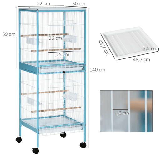PawHut Gaiola para Pássaros com Rodas Gaiola Grande de 2 Níveis com Bandejas Removíveis Portas Comedouros Poleiros para Canários Periquitos 51,5x50x140 cm Azul e Branco
