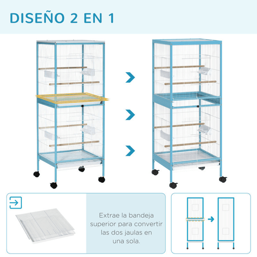 PawHut Gaiola para Pássaros com Rodas Gaiola Grande de 2 Níveis com Bandejas Removíveis Portas Comedouros Poleiros para Canários Periquitos 51,5x50x140 cm Azul e Branco