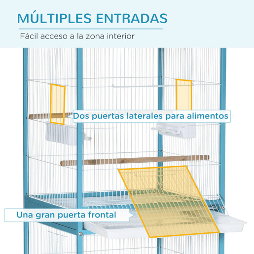 PawHut Gaiola para Pássaros com Rodas Gaiola Grande de 2 Níveis com Bandejas Removíveis Portas Comedouros Poleiros para Canários Periquitos 51,5x50x140 cm Azul e Branco