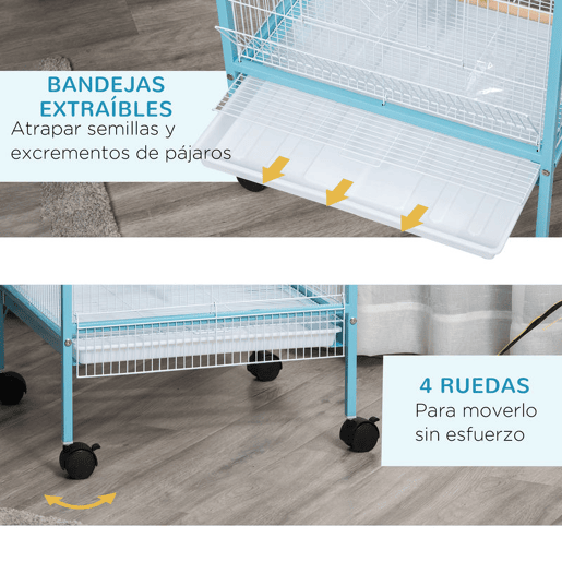 PawHut Gaiola para Pássaros com Rodas Gaiola Grande de 2 Níveis com Bandejas Removíveis Portas Comedouros Poleiros para Canários Periquitos 51,5x50x140 cm Azul e Branco