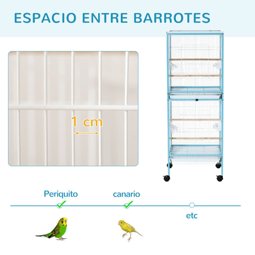 PawHut Gaiola para Pássaros com Rodas Gaiola Grande de 2 Níveis com Bandejas Removíveis Portas Comedouros Poleiros para Canários Periquitos 51,5x50x140 cm Azul e Branco