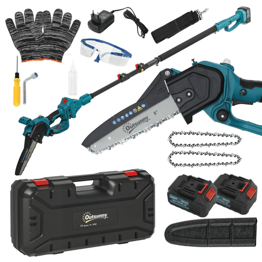 Outsunny Mini Motosserra a Bateria 8 Polegadas 6000mAh Motosserra Elétrica com Motor sem Escovas de 580W 2 Baterias Mastro Telescópico e Bloqueio Duplo para Podar Árvores de Jardinagem e Madeira