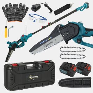 Outsunny Mini Motosserra a Bateria 8 Polegadas 6000mAh Motosserra Elétrica com Motor sem Escovas de 580W 2 Baterias Mastro Telescópico e Bloqueio Duplo para Podar Árvores de Jardinagem e Madeira