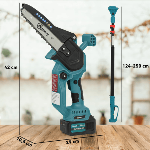 Outsunny Mini Motosserra a Bateria 8 Polegadas 6000mAh Motosserra Elétrica com Motor sem Escovas de 580W 2 Baterias Mastro Telescópico e Bloqueio Duplo para Podar Árvores de Jardinagem e Madeira