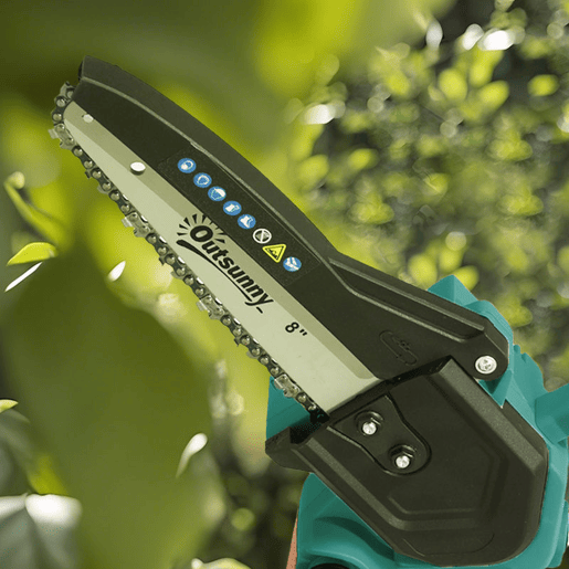 Outsunny Mini Motosserra a Bateria 8 Polegadas 6000mAh Motosserra Elétrica com Motor sem Escovas de 580W 2 Baterias Mastro Telescópico e Bloqueio Duplo para Podar Árvores de Jardinagem e Madeira