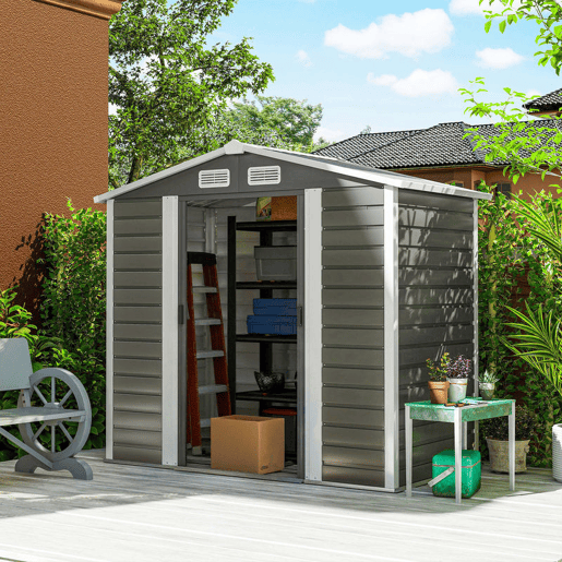 Outsunny Abrigo de Jardim Exterior 2,36m² 213x120x194 cm Abrigo de Exterior com Base Reforçada (Piso NÃO Incluído) Portas de Correr Duplas Fechadura Janelas Cinza Escuro