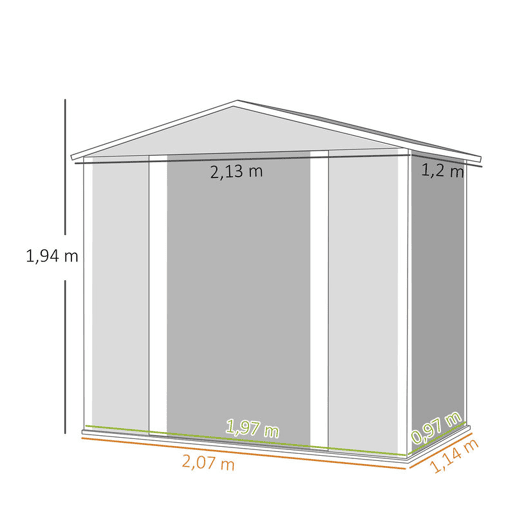 Outsunny Abrigo de Jardim Exterior 2,36m² 213x120x194 cm Abrigo de Exterior com Base Reforçada (Piso NÃO Incluído) Portas de Correr Duplas Fechadura Janelas Cinza Escuro