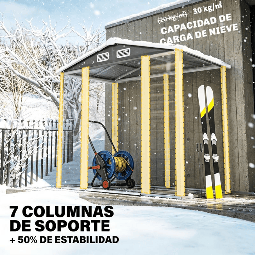 Outsunny Abrigo de Jardim Exterior 2,36m² 213x120x194 cm Abrigo de Exterior com Base Reforçada (Piso NÃO Incluído) Portas de Correr Duplas Fechadura Janelas Cinza Escuro