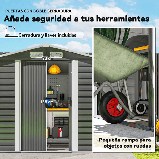 Outsunny Abrigo de Jardim Exterior 2,36m² 213x120x194 cm Abrigo de Exterior com Base Reforçada (Piso NÃO Incluído) Portas de Correr Duplas Fechadura Janelas Cinza Escuro