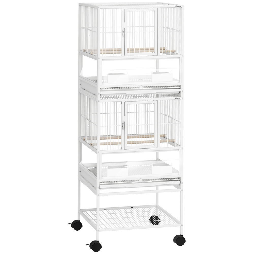 Pawhut jaula para pájaros jaula grande de 2 niveles con ruedas paneles acrílicos comederos perchas estante bandejas extraíbles pajarera para loros