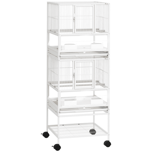 PawHut Gaiola para Pássaros Gaiola Grande de 2 Níveis com Rodas Painéis Acrílicos Comedouros Poleiros Prateleira Bandejas Amovíveis Gaiola para Papagaios Canários 48x46x134,5 cm Branco
