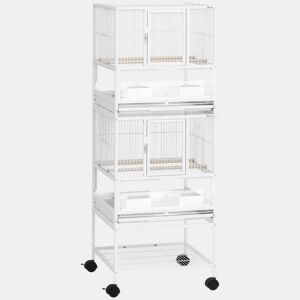PawHut Gaiola para Pássaros Gaiola Grande de 2 Níveis com Rodas Painéis Acrílicos Comedouros Poleiros Prateleira Bandejas Amovíveis Gaiola para Papagaios Canários 48x46x134,5 cm Branco