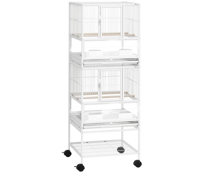 Pawhut jaula para pájaros jaula grande de 2 niveles con ruedas paneles acrílicos comederos perchas estante bandejas extraíbles pajarera para loros canarios 48x46x134,5 cm blanco