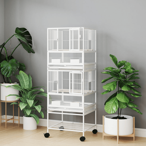 PawHut Gaiola para Pássaros Gaiola Grande de 2 Níveis com Rodas Painéis Acrílicos Comedouros Poleiros Prateleira Bandejas Amovíveis Gaiola para Papagaios Canários 48x46x134,5 cm Branco