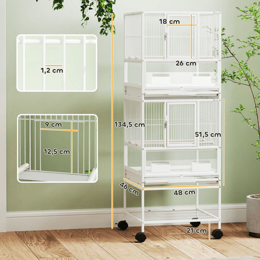PawHut Gaiola para Pássaros Gaiola Grande de 2 Níveis com Rodas Painéis Acrílicos Comedouros Poleiros Prateleira Bandejas Amovíveis Gaiola para Papagaios Canários 48x46x134,5 cm Branco